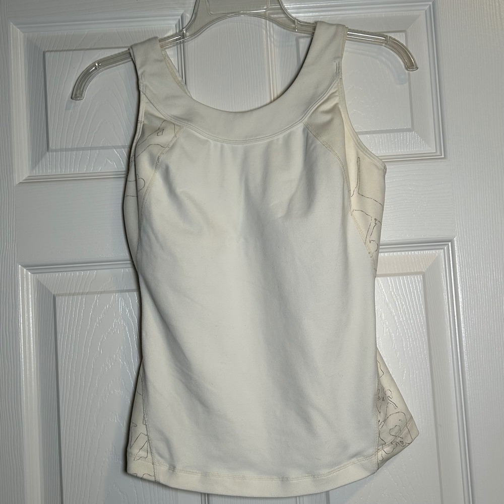 Lululemon Women Cream Athletic Tank Top Built In Bra‎ Printed Trim Size XS/S